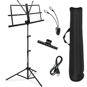 Atril de música, atril de música plegable profesional Kasonic portátil y liviano con luz LED, soporte para clip de partituras y bolsa de transporte adecuado para interpretación instrumental