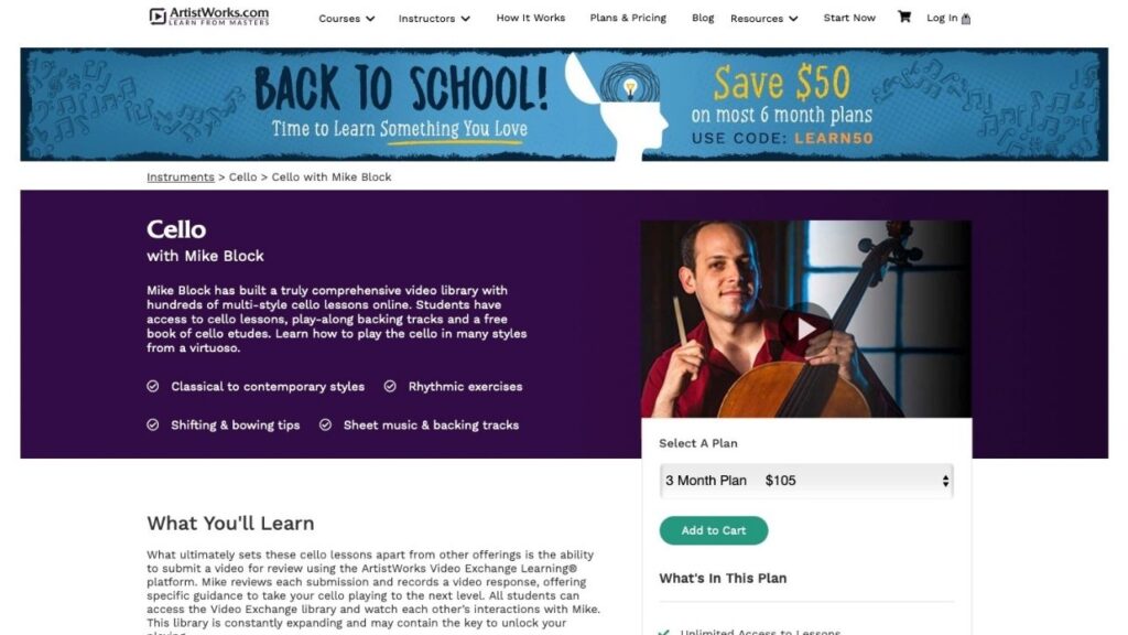 Sitio web de ArtistWorks para aprender violonchelo en línea