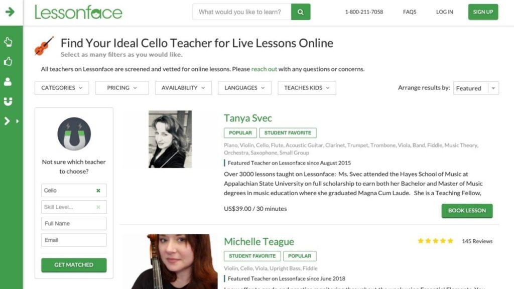 Sitio web de LessonFace para aprender violonchelo