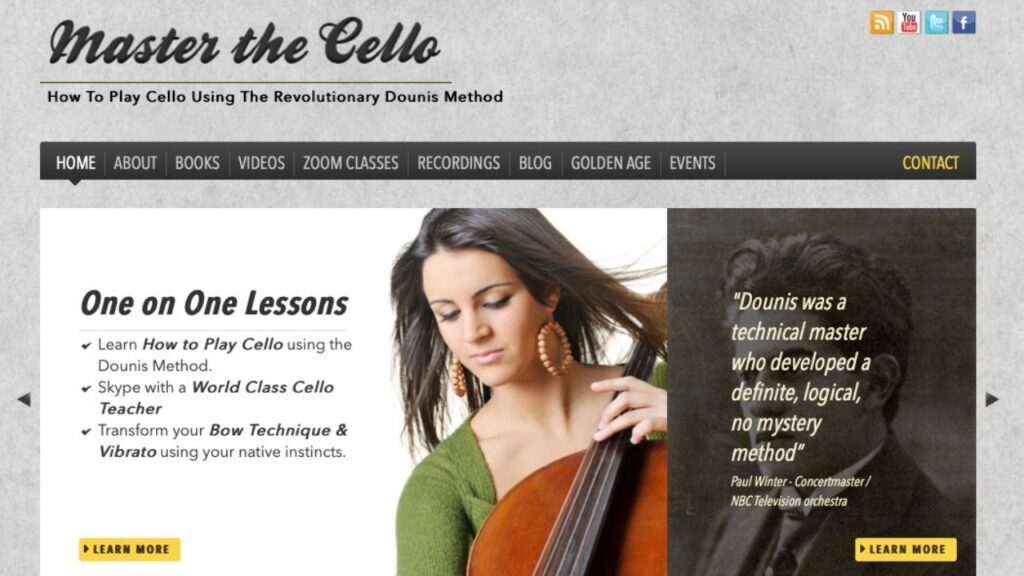 Página de inicio del sitio web de Master The Cello