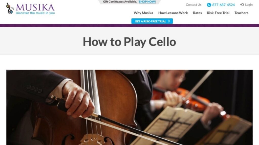 Página de inicio del curso de violonchelo en línea de Musika