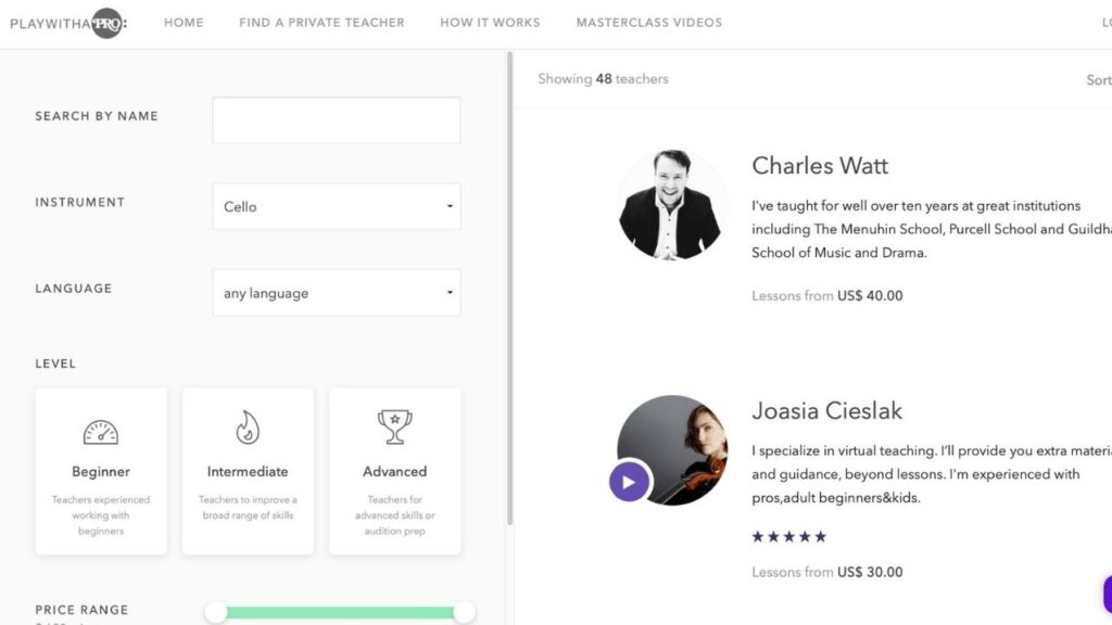 Play With A Pro sitio web para aprender violonchelo