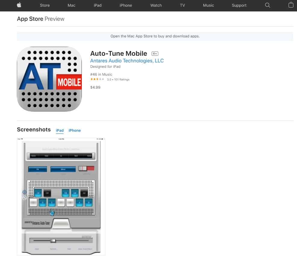 Una captura de pantalla de la tienda de Apple donde puede comprar el software Auto-Tune